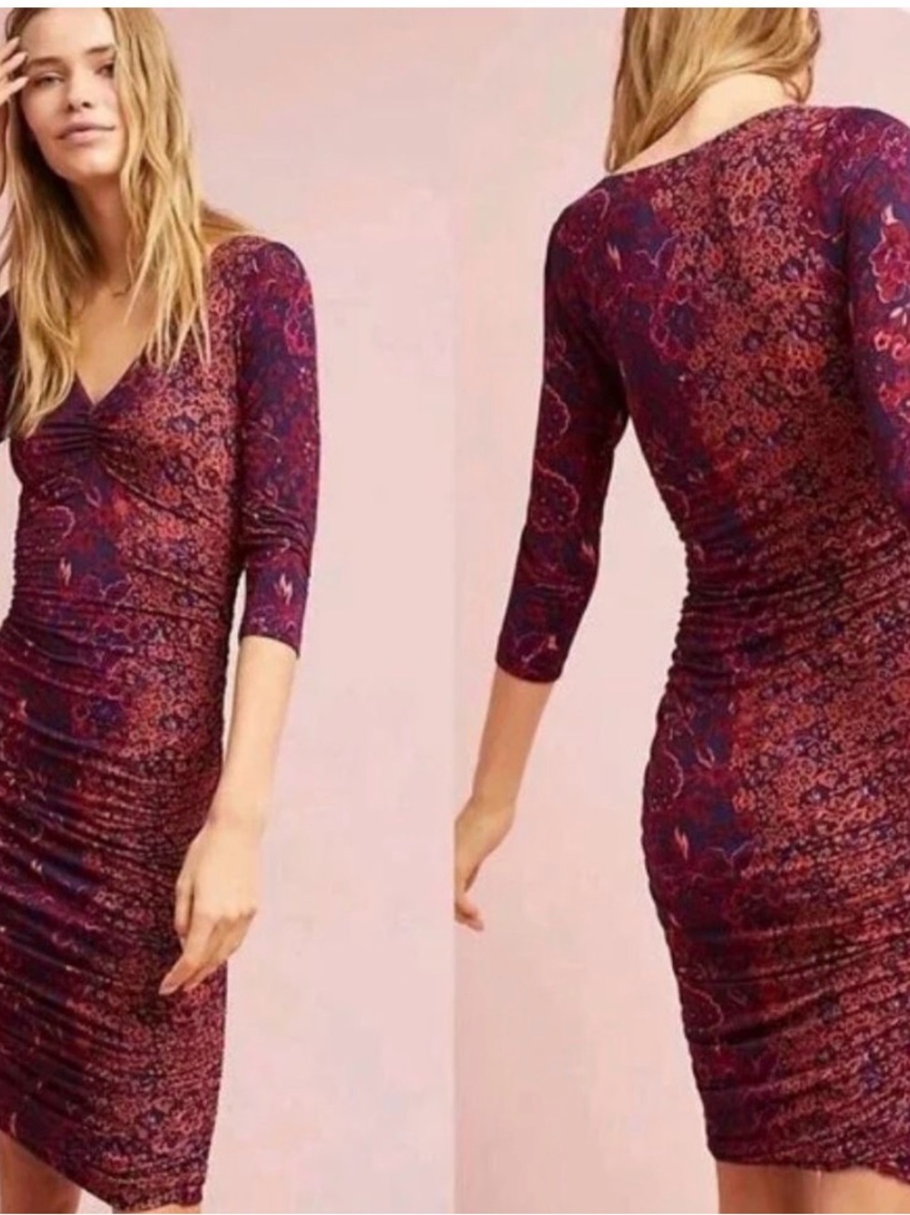 Anthropologie Moulinette Soeurs Floral Ruched maxi Dress in Navy and Red